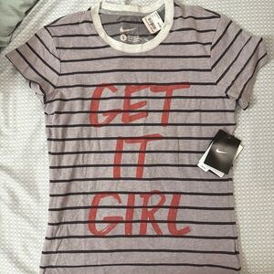 NWT Nike Women's Striped Gray Tee with Red Text - L
